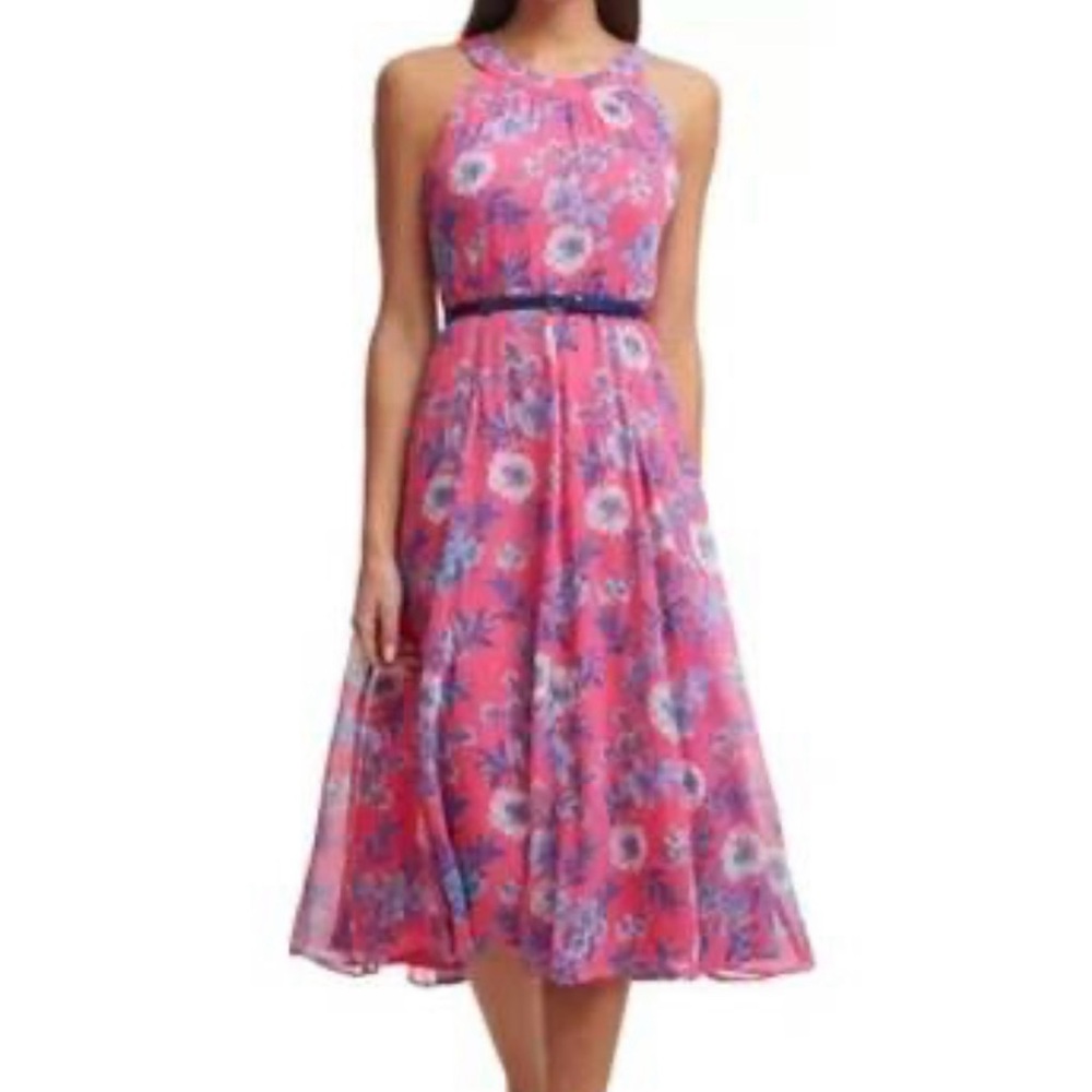 Tommy Hilfiger Floral Chiffon bright pink and Navy blue midi dress.